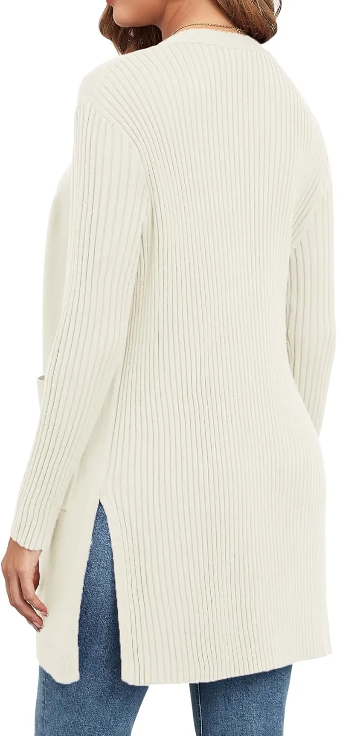 Women's Cardigan Sweaters V-Neck Long Sleeves with Two Pockets Side Split Hem Open Front Knit Casual Cardigan
