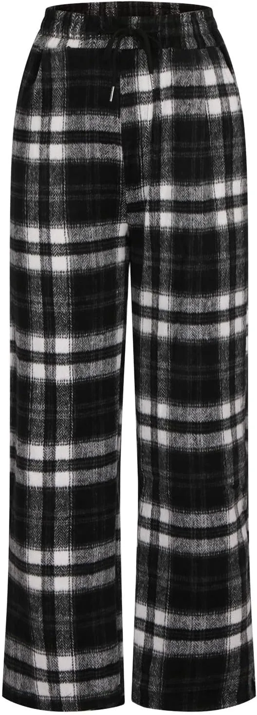 Women's Casual Fashion Plaid Wide Leg Pants Drawstring Elastic High Waist Loose Fit Comfy Palazzo Trousers with Pockets