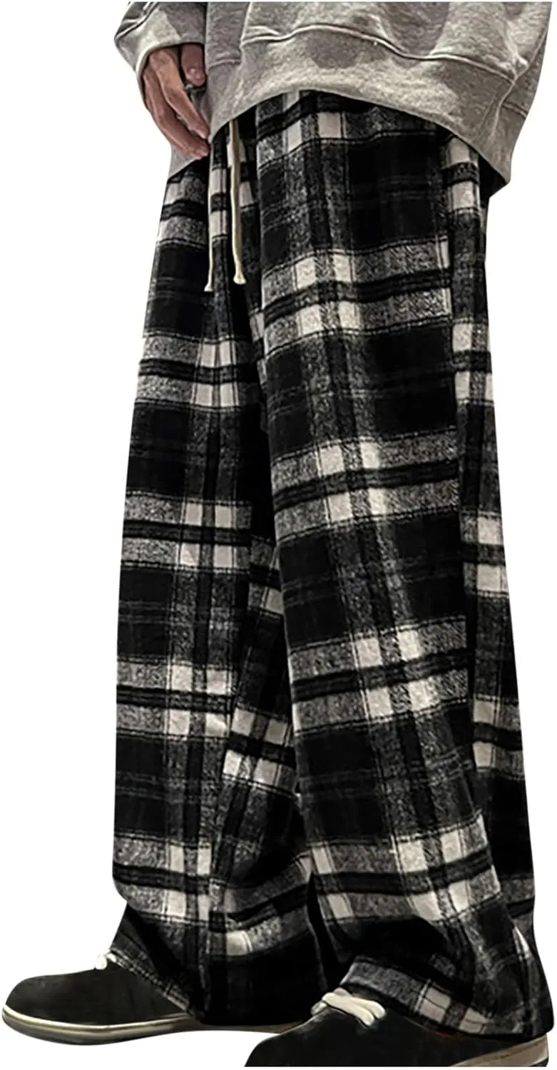 Women's Casual Fashion Plaid Wide Leg Pants Drawstring Elastic High Waist Loose Fit Comfy Palazzo Trousers with Pockets
