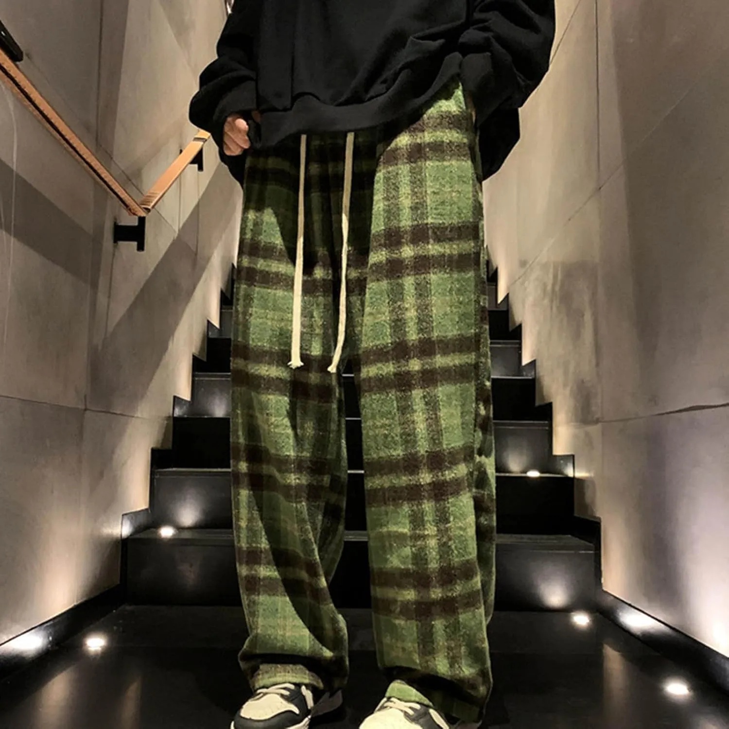 Women's Casual Fashion Plaid Wide Leg Pants Drawstring Elastic High Waist Loose Fit Comfy Palazzo Trousers with Pockets