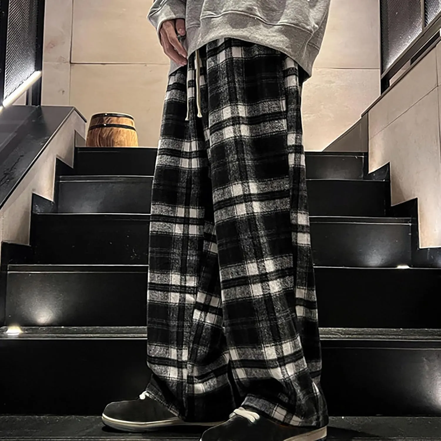 Women's Casual Fashion Plaid Wide Leg Pants Drawstring Elastic High Waist Loose Fit Comfy Palazzo Trousers with Pockets