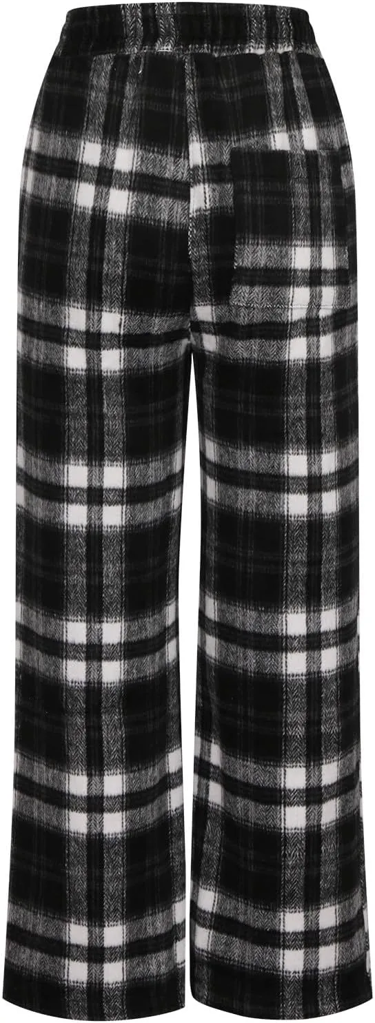 Women's Casual Fashion Plaid Wide Leg Pants Drawstring Elastic High Waist Loose Fit Comfy Palazzo Trousers with Pockets