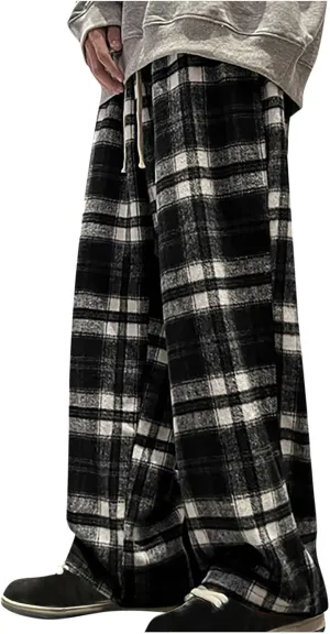 Women's Casual Fashion Plaid Wide Leg Pants Drawstring Elastic High Waist Loose Fit Comfy Palazzo Trousers with Pockets