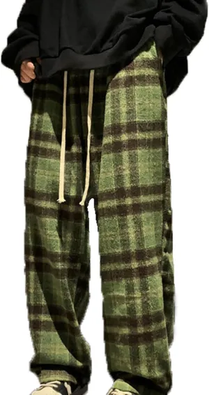 Women's Casual Fashion Plaid Wide Leg Pants Drawstring Elastic High Waist Loose Fit Comfy Palazzo Trousers with Pockets