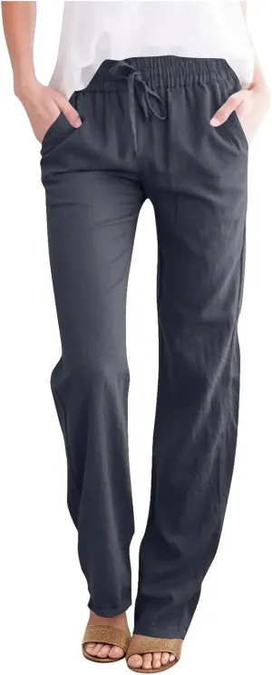 Womens Casual Linen High Waist Pants Drawstring Loose Fit Summer Slacks Solid Lounge Trousers with Side Pockets