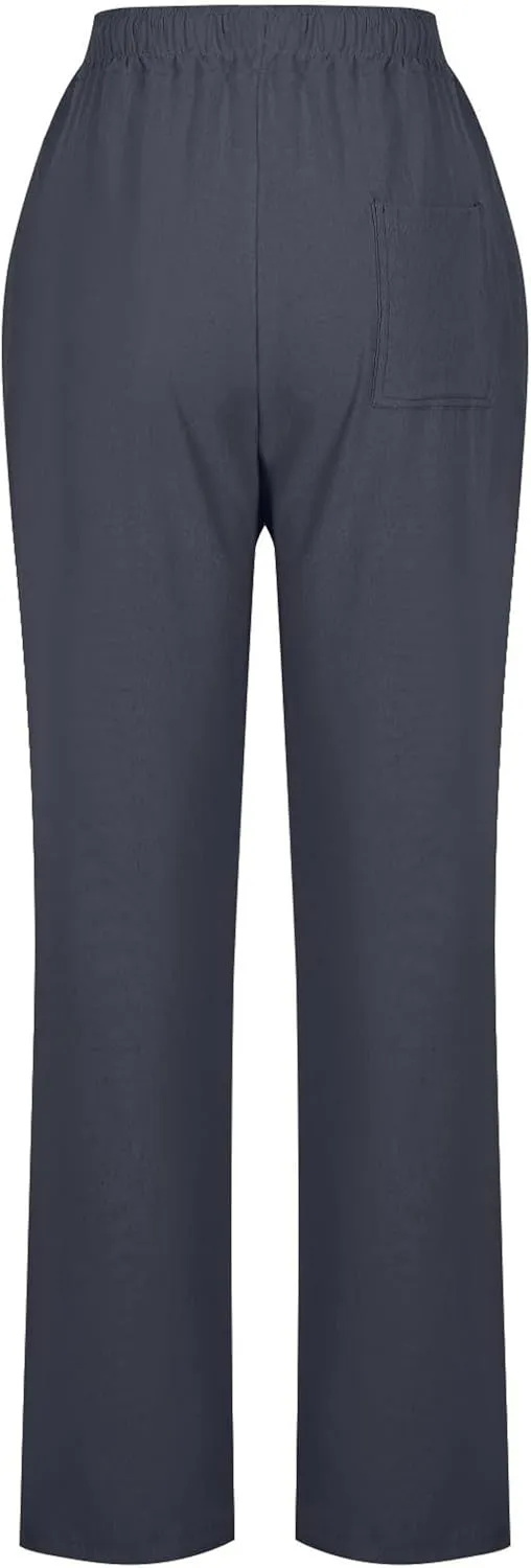 Womens Casual Linen High Waist Pants Drawstring Loose Fit Summer Slacks Solid Lounge Trousers with Side Pockets