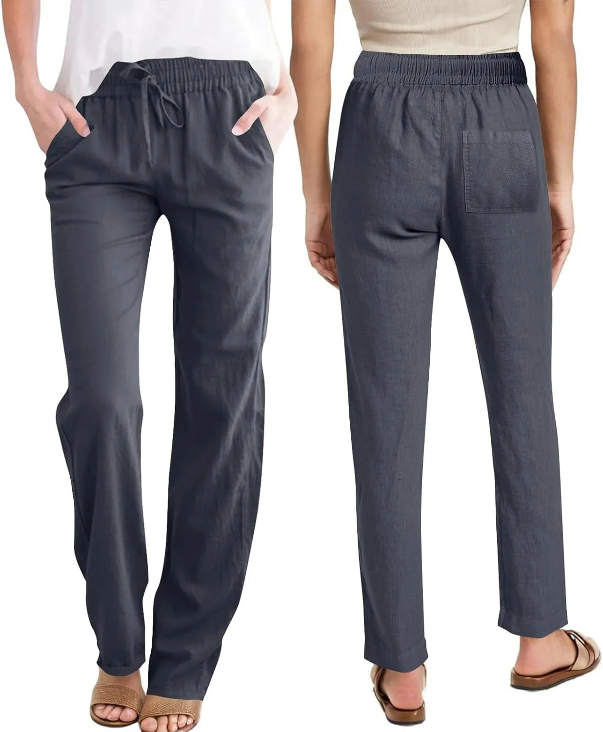 Womens Casual Linen High Waist Pants Drawstring Loose Fit Summer Slacks Solid Lounge Trousers with Side Pockets