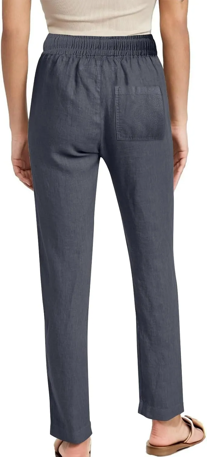 Womens Casual Linen High Waist Pants Drawstring Loose Fit Summer Slacks Solid Lounge Trousers with Side Pockets