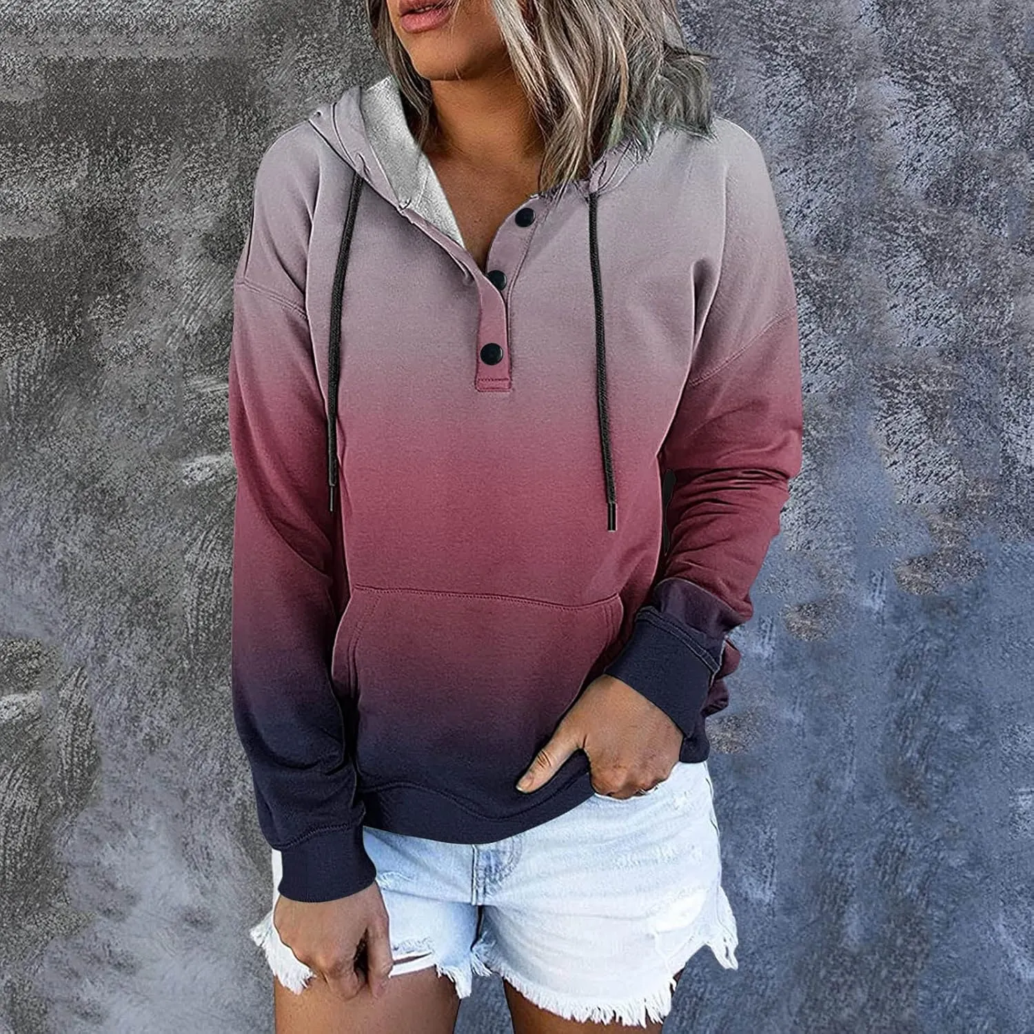Women's Casual Long Sleeve Hoodies Color Block Button Down Hooded Drawstring Pullover Sweatshirt Tops with Pocket