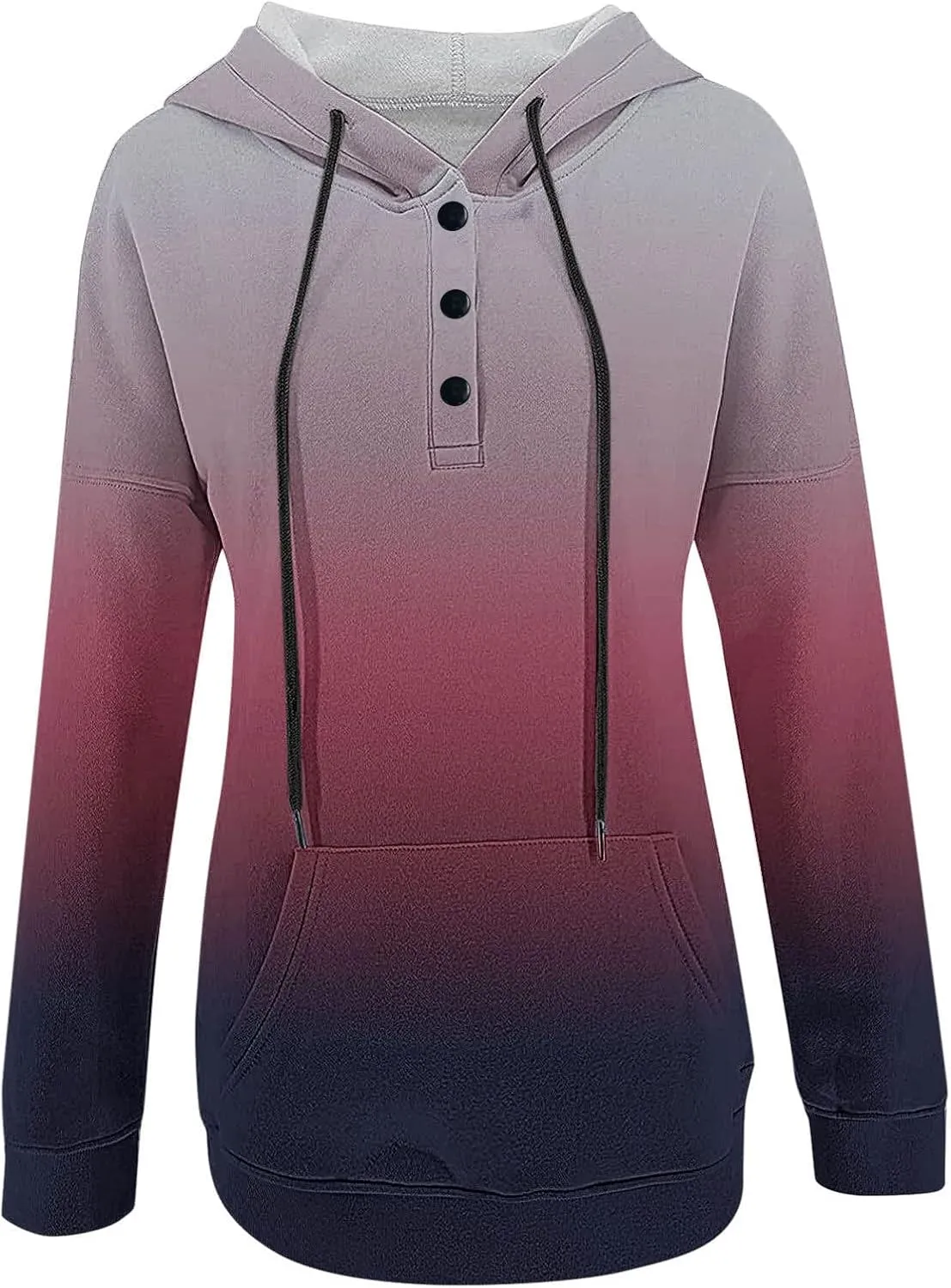 Women's Casual Long Sleeve Hoodies Color Block Button Down Hooded Drawstring Pullover Sweatshirt Tops with Pocket