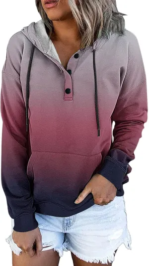 Women's Casual Long Sleeve Hoodies Color Block Button Down Hooded Drawstring Pullover Sweatshirt Tops with Pocket
