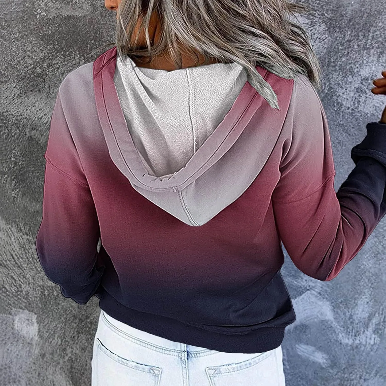 Women's Casual Long Sleeve Hoodies Color Block Button Down Hooded Drawstring Pullover Sweatshirt Tops with Pocket