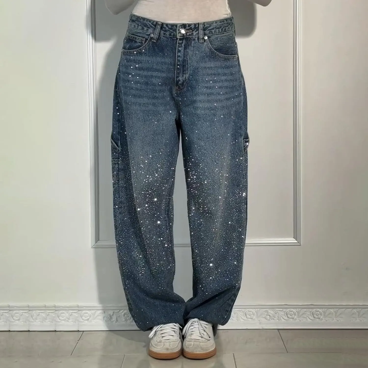 Women's Casual Loose Harem Jeans Baggy Wide Leg Jeans High Waisted Washed Distressed Straight Bling Denim Pants