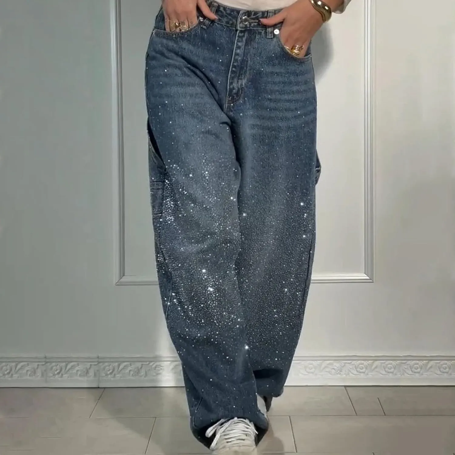 Women's Casual Loose Harem Jeans Baggy Wide Leg Jeans High Waisted Washed Distressed Straight Bling Denim Pants