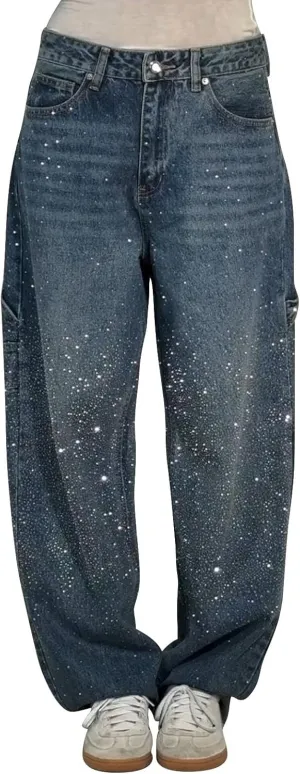 Women's Casual Loose Harem Jeans Baggy Wide Leg Jeans High Waisted Washed Distressed Straight Bling Denim Pants