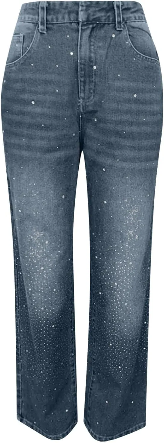 Women's Casual Loose Harem Jeans Baggy Wide Leg Jeans High Waisted Washed Distressed Straight Bling Denim Pants