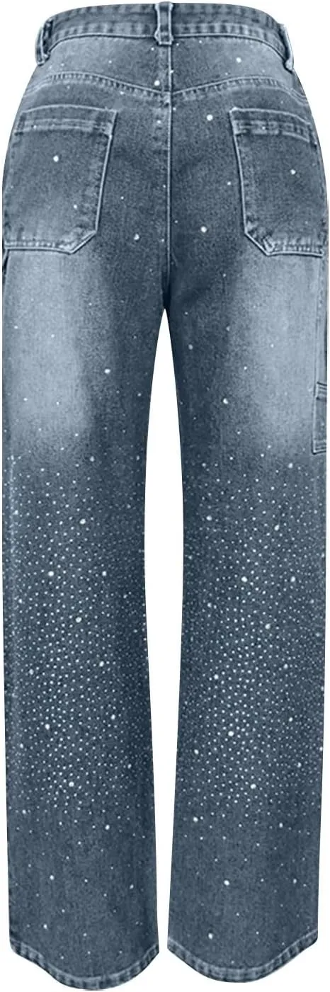 Women's Casual Loose Harem Jeans Baggy Wide Leg Jeans High Waisted Washed Distressed Straight Bling Denim Pants