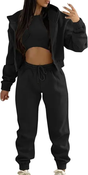 Women's Casual Tracksuit 3 Piece Outfits Sets Solid Color Zipper Hooded Sweatshirt Pants and Top Vest Jogger Outfits
