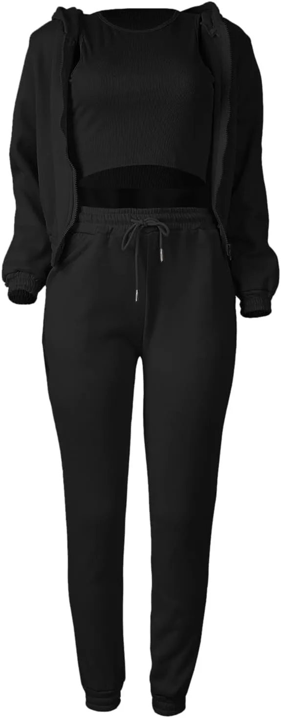 Women's Casual Tracksuit 3 Piece Outfits Sets Solid Color Zipper Hooded Sweatshirt Pants and Top Vest Jogger Outfits