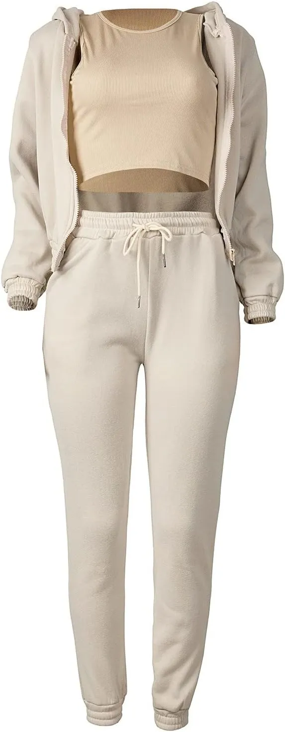 Women's Casual Tracksuit 3 Piece Outfits Sets Solid Color Zipper Hooded Sweatshirt Pants and Top Vest Jogger Outfits