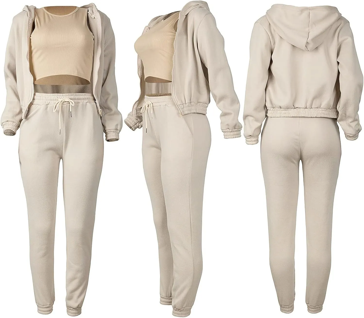Women's Casual Tracksuit 3 Piece Outfits Sets Solid Color Zipper Hooded Sweatshirt Pants and Top Vest Jogger Outfits