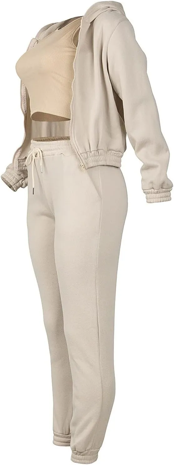 Women's Casual Tracksuit 3 Piece Outfits Sets Solid Color Zipper Hooded Sweatshirt Pants and Top Vest Jogger Outfits