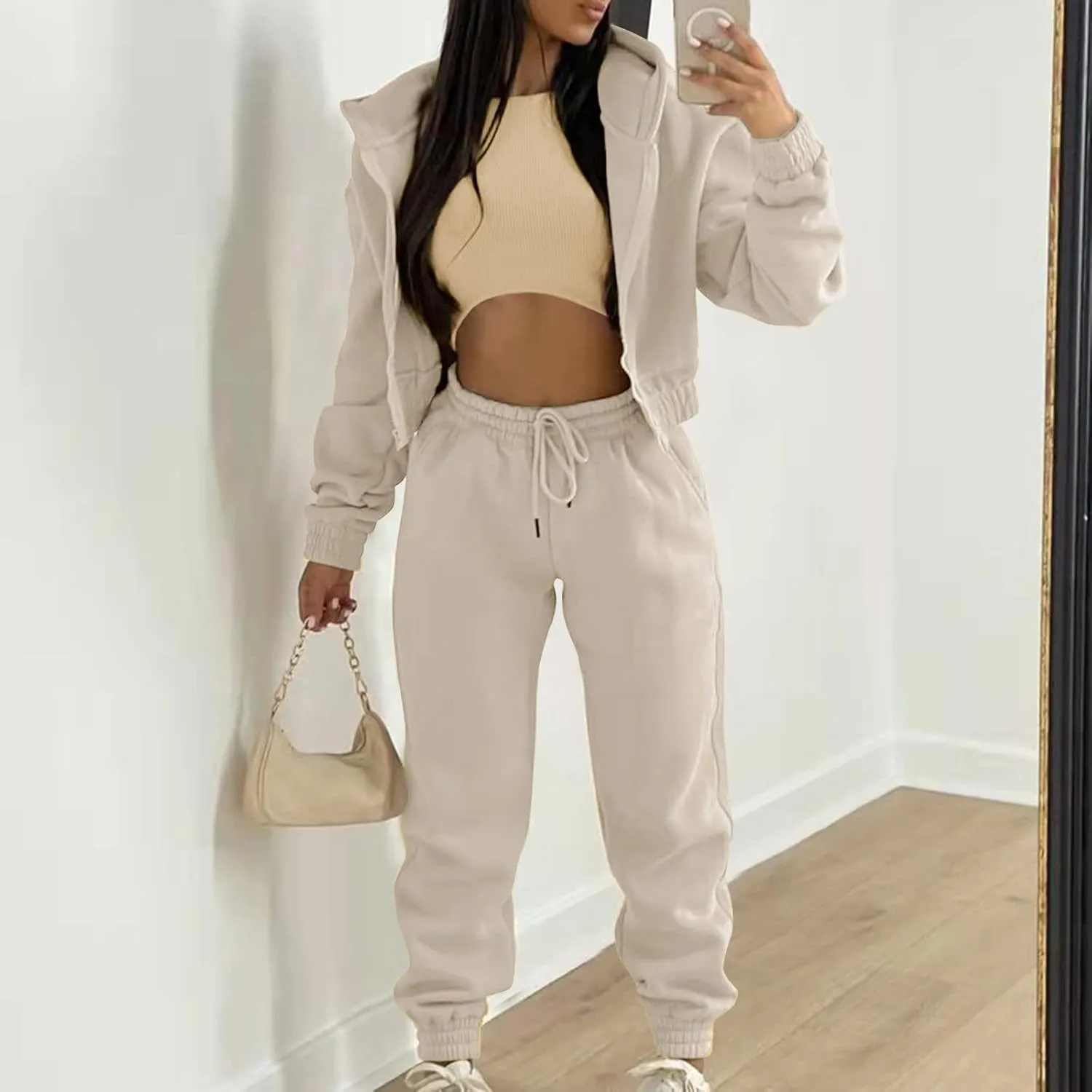 Women's Casual Tracksuit 3 Piece Outfits Sets Solid Color Zipper Hooded Sweatshirt Pants and Top Vest Jogger Outfits