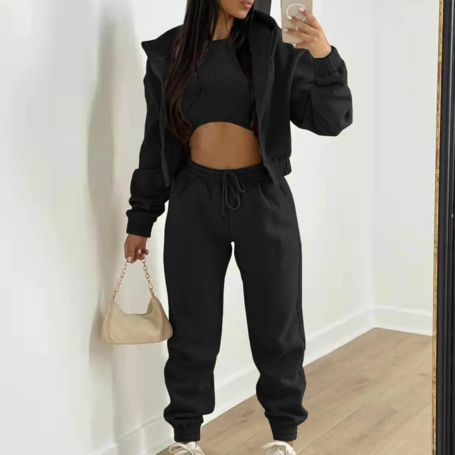 Women's Casual Tracksuit 3 Piece Outfits Sets Solid Color Zipper Hooded Sweatshirt Pants and Top Vest Jogger Outfits