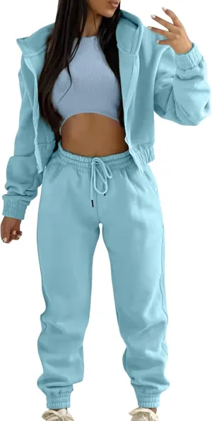 Women's Casual Tracksuit 3 Piece Outfits Sets Solid Color Zipper Hooded Sweatshirt Pants and Top Vest Jogger Outfits