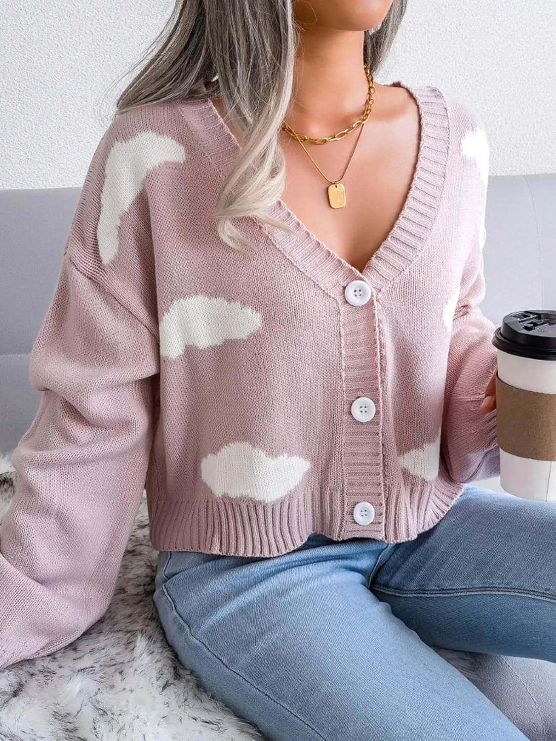 Women's Cloud Print Cropped Button Front Long Sleeve V Neck Knit Cardigan Sweater