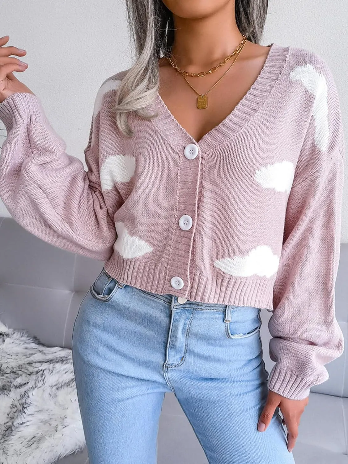 Women's Cloud Print Cropped Button Front Long Sleeve V Neck Knit Cardigan Sweater