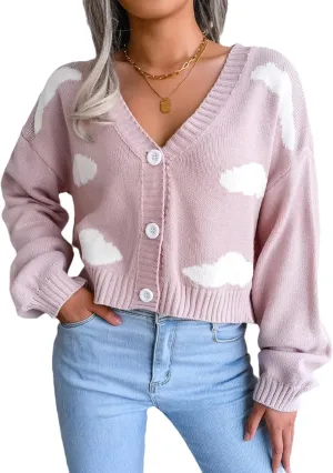 Women's Cloud Print Cropped Button Front Long Sleeve V Neck Knit Cardigan Sweater