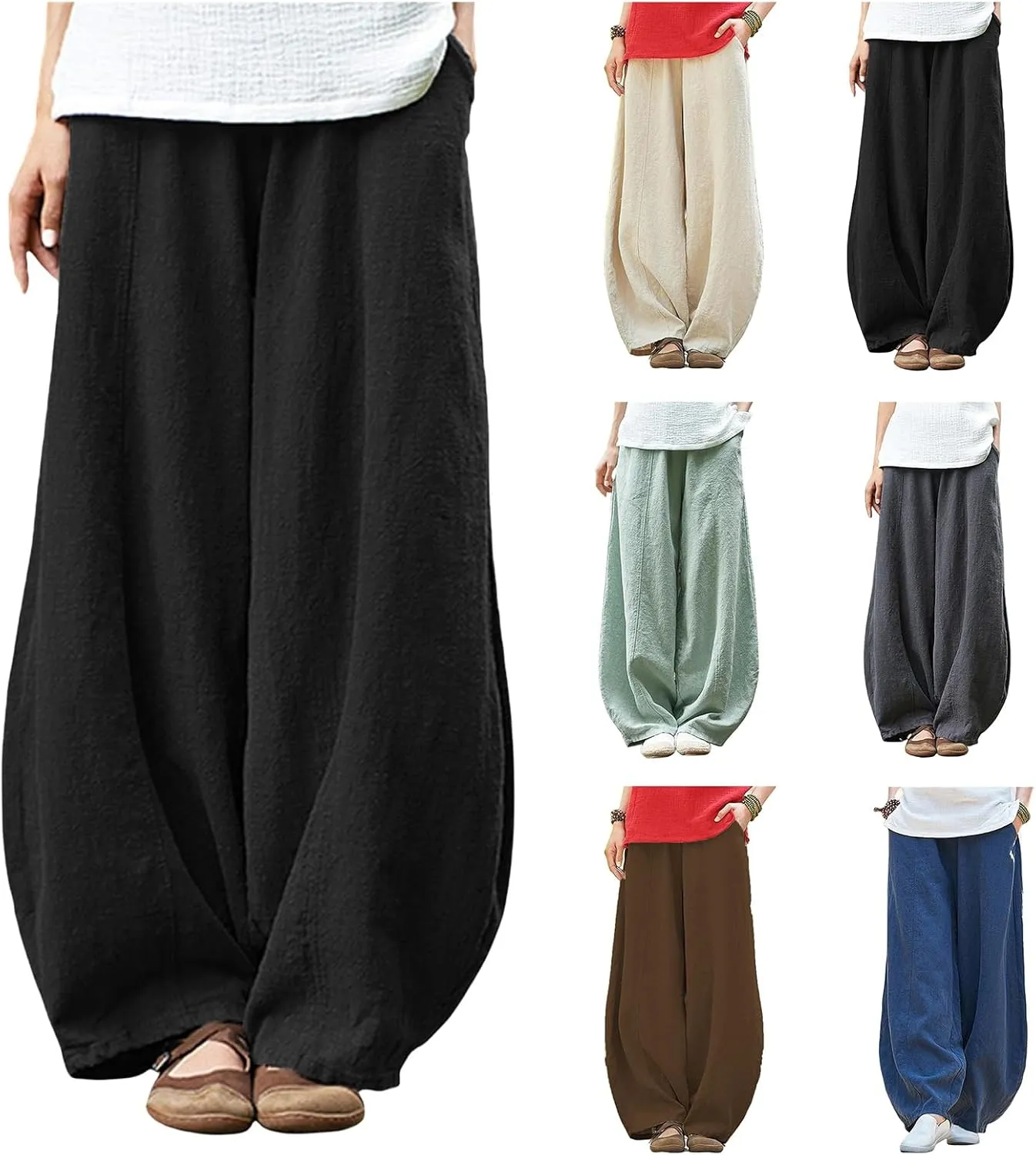 Womens Cotton Linen Baggy Pants Elastic Waist Loose Fit Lantern Pants Casual Summer Beach Pants Trousers Resort Wear