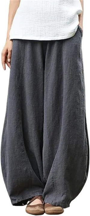 Womens Cotton Linen Baggy Pants Elastic Waist Loose Fit Lantern Pants Casual Summer Beach Pants Trousers Resort Wear