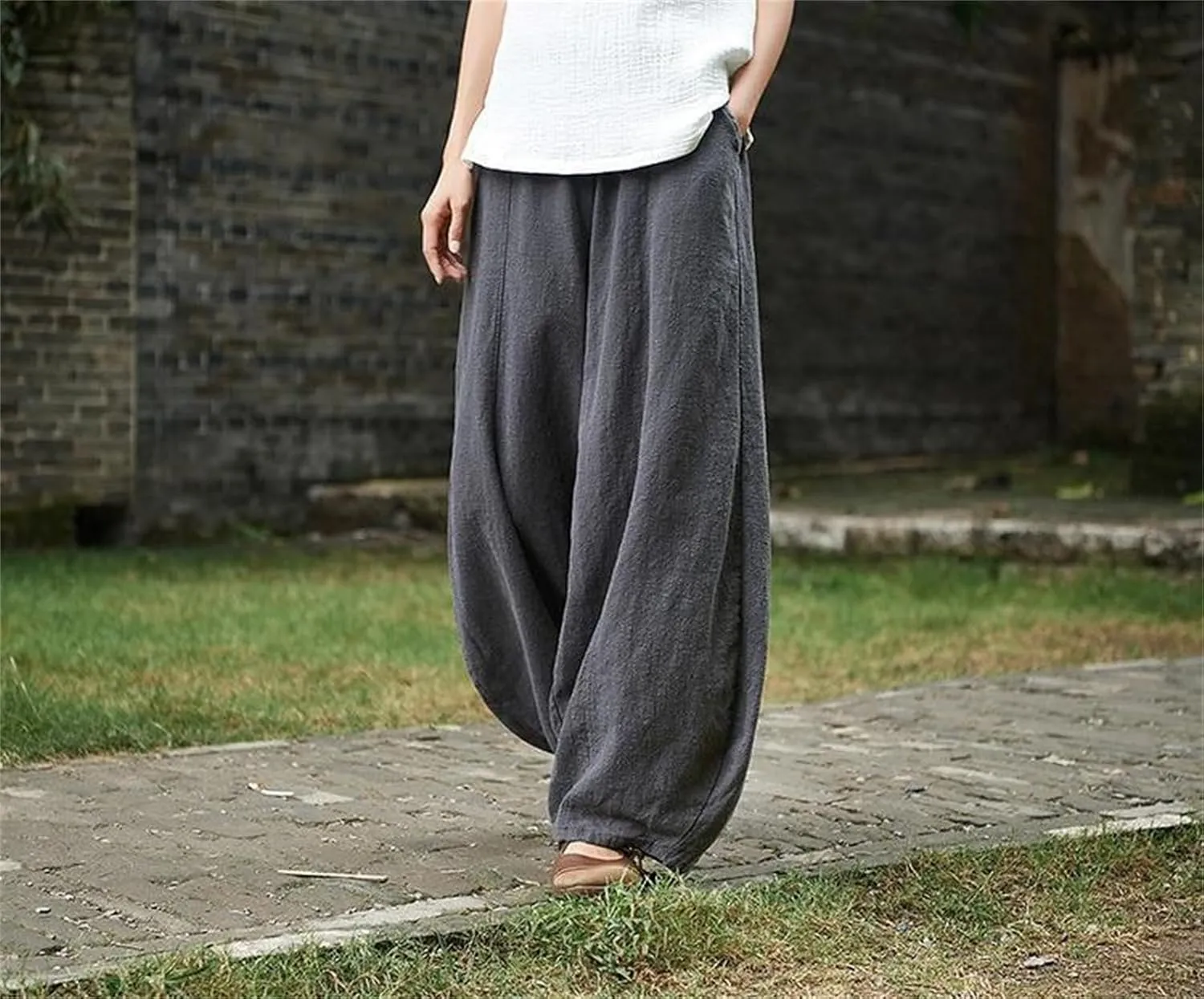 Womens Cotton Linen Baggy Pants Elastic Waist Loose Fit Lantern Pants Casual Summer Beach Pants Trousers Resort Wear