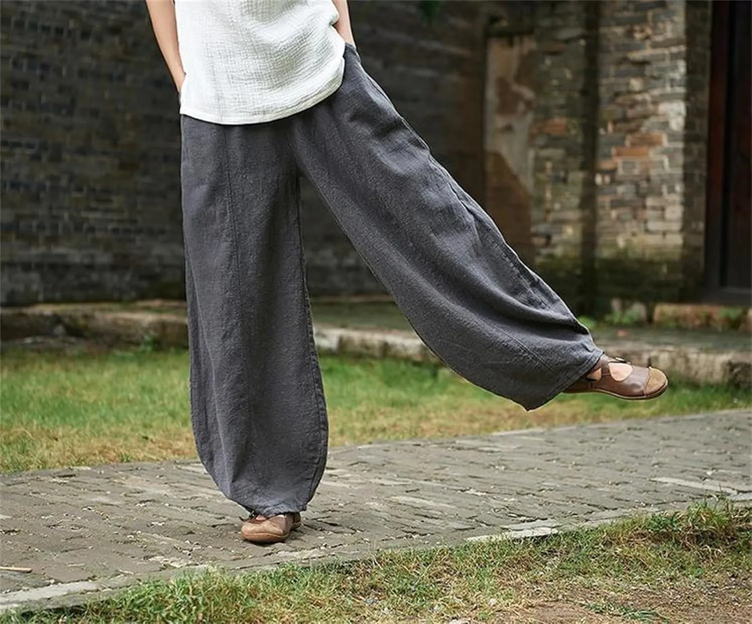 Womens Cotton Linen Baggy Pants Elastic Waist Loose Fit Lantern Pants Casual Summer Beach Pants Trousers Resort Wear