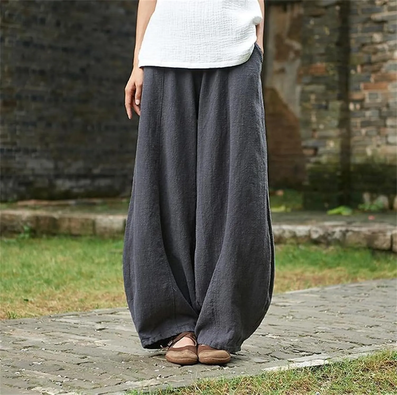 Womens Cotton Linen Baggy Pants Elastic Waist Loose Fit Lantern Pants Casual Summer Beach Pants Trousers Resort Wear