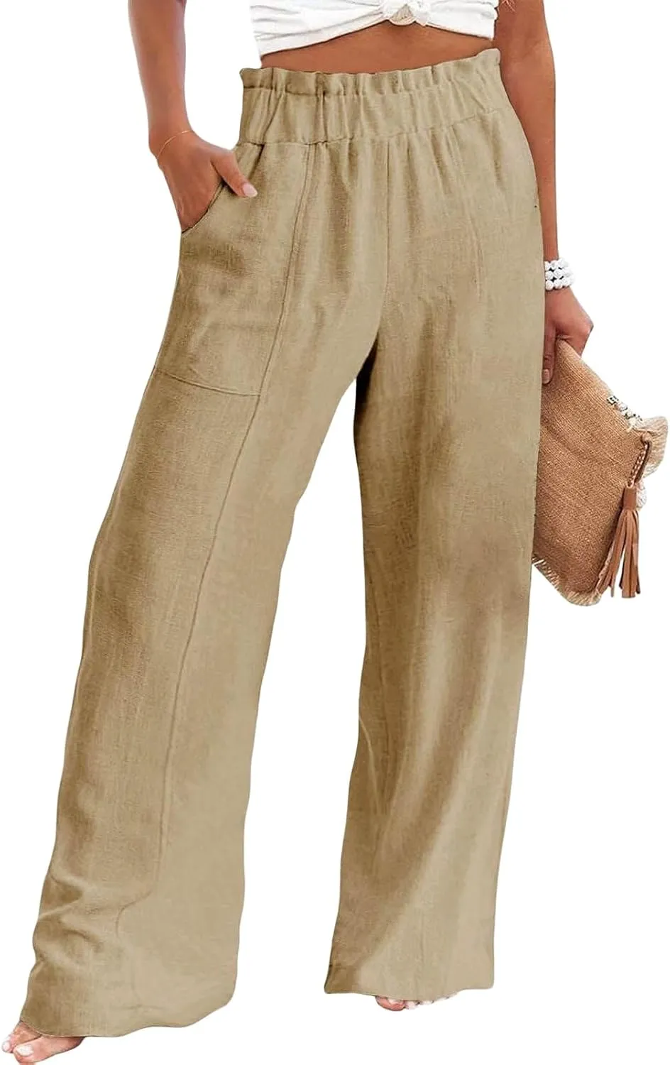 Womens Cotton Linen Palazoo Pants Elastic High Waisted Wide Leg Casual Trousers Summer Trendy Comfy Travel Pant with Pocket