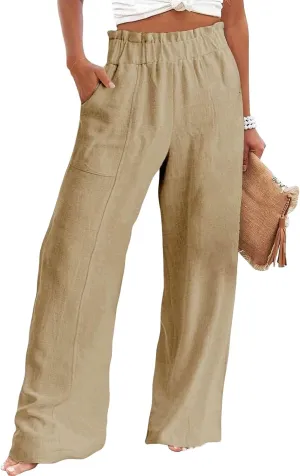 Womens Cotton Linen Palazoo Pants Elastic High Waisted Wide Leg Casual Trousers Summer Trendy Comfy Travel Pant with Pocket