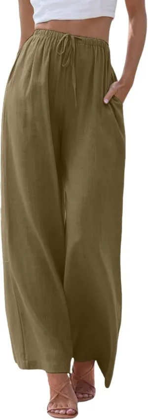 Womens Cotton Linen Palazzo Pants Casual Summer Beach Flowy Drawstring Elastic Waist Wide Leg Trousers with Pockets