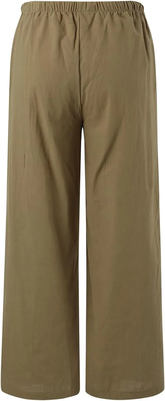Womens Cotton Linen Palazzo Pants Casual Summer Beach Flowy Drawstring Elastic Waist Wide Leg Trousers with Pockets