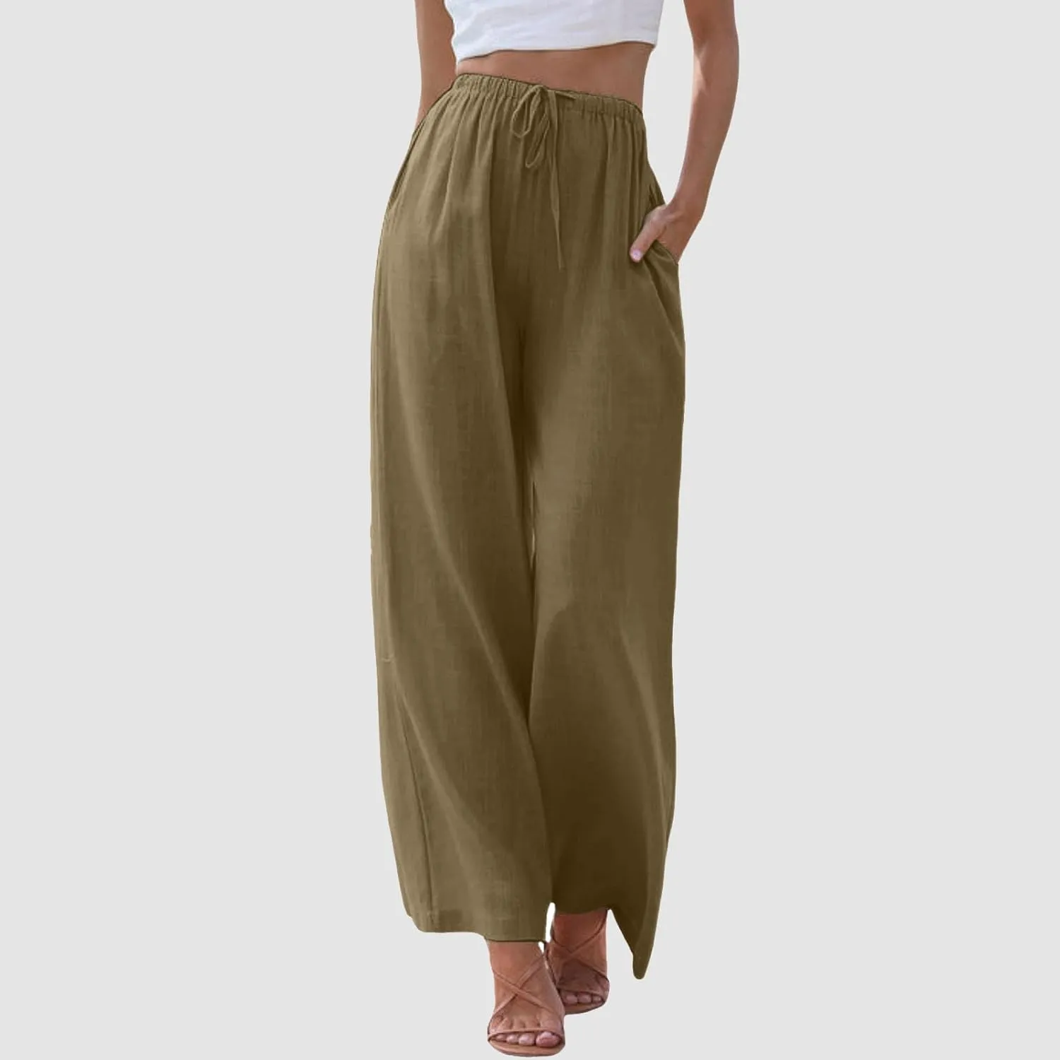 Womens Cotton Linen Palazzo Pants Casual Summer Beach Flowy Drawstring Elastic Waist Wide Leg Trousers with Pockets