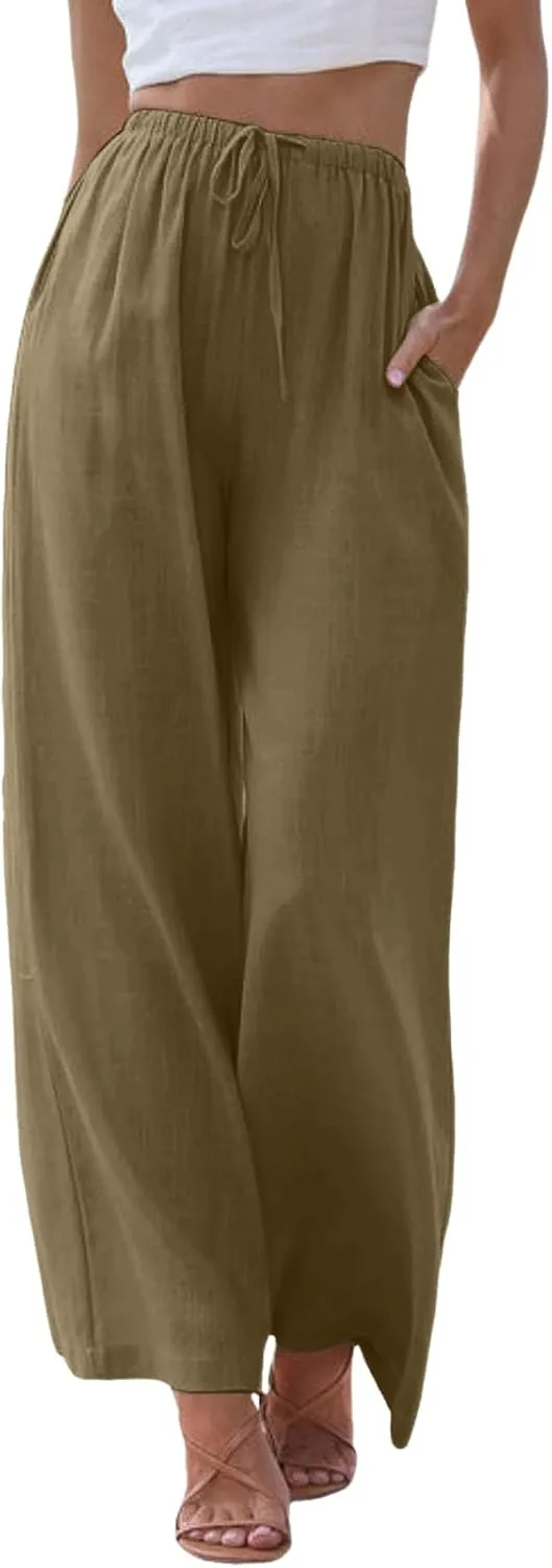 Womens Cotton Linen Palazzo Pants Casual Summer Beach Flowy Drawstring Elastic Waist Wide Leg Trousers with Pockets