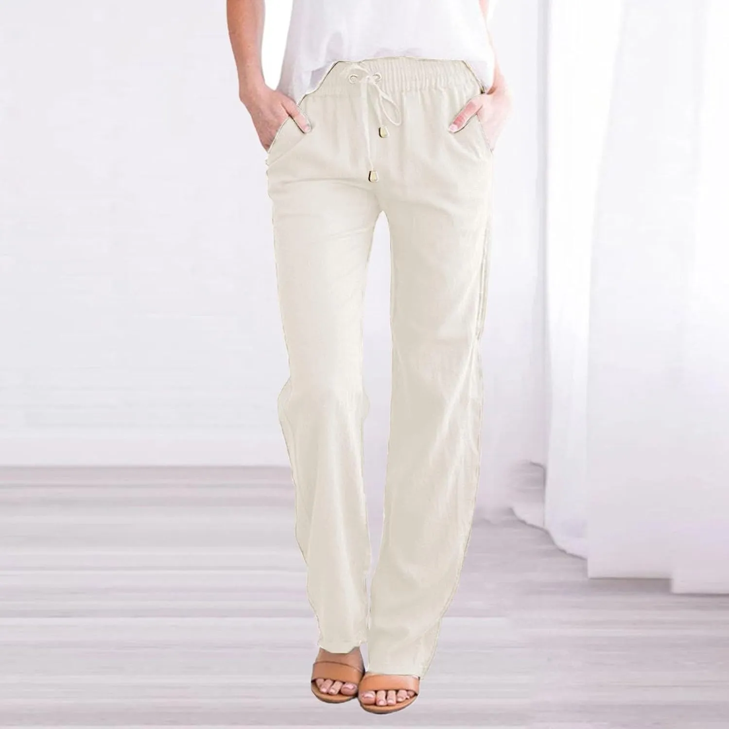 Women's Cotton Linen Pants 2025 Summer Casual Elastic Waist Trousers Relax Fit Comfy Yoga Beach Pant Sweatpants