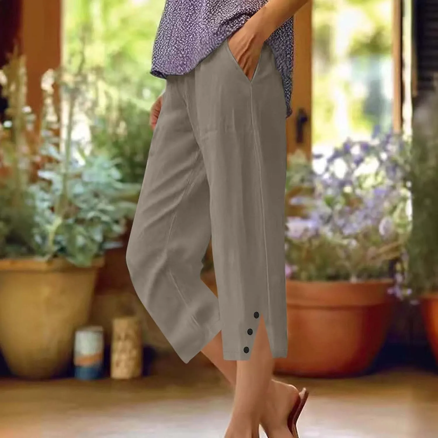 Womens Cotton Linen Pants Casual Straight Leg Pant Summer Trendy Elastic High Waist Wide Leg Trousers with Slit Hem