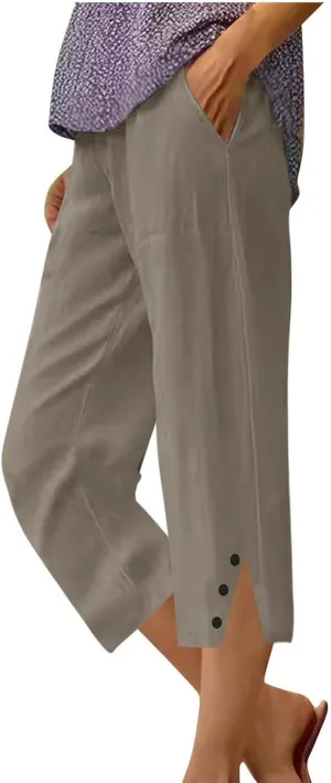 Womens Cotton Linen Pants Casual Straight Leg Pant Summer Trendy Elastic High Waist Wide Leg Trousers with Slit Hem