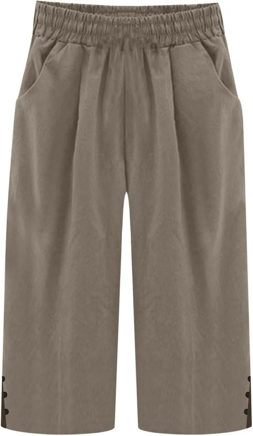 Womens Cotton Linen Pants Casual Straight Leg Pant Summer Trendy Elastic High Waist Wide Leg Trousers with Slit Hem