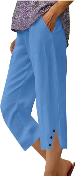 Womens Cotton Linen Pants Casual Straight Leg Pant Summer Trendy Elastic High Waist Wide Leg Trousers with Slit Hem