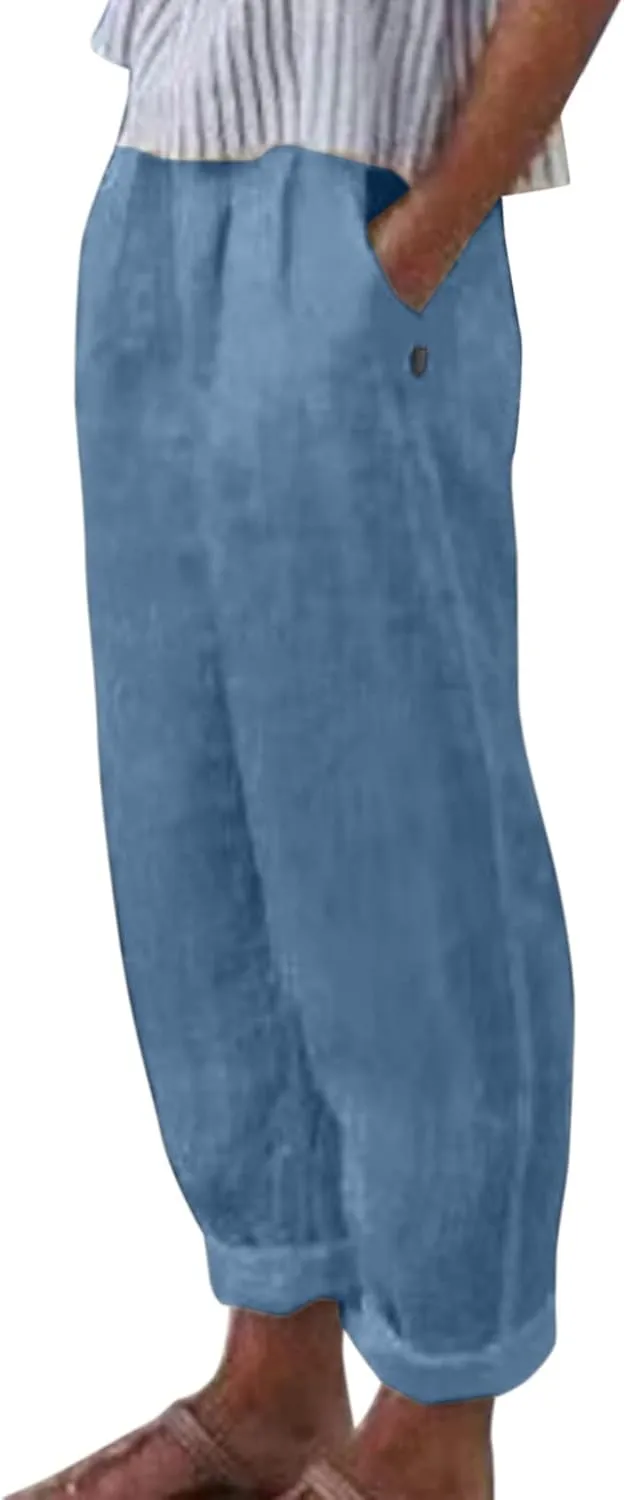Women's Cotton Linen Pants Summer Casual Baggy Wide Leg Elastic High Waist Beach Slacks Stripe Printed Capri Trousers