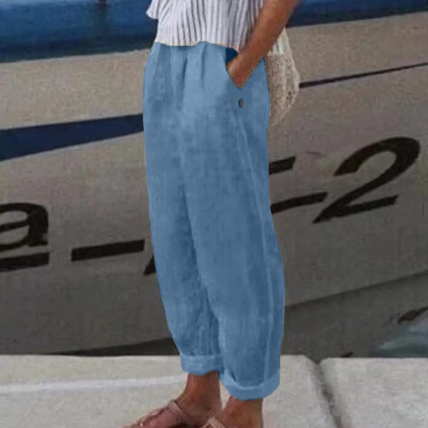 Women's Cotton Linen Pants Summer Casual Baggy Wide Leg Elastic High Waist Beach Slacks Stripe Printed Capri Trousers